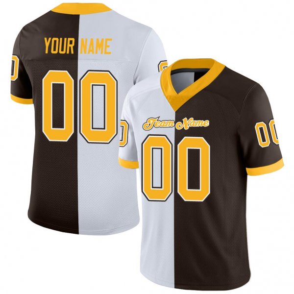 Men's Custom Brown Gold-White Mesh Split Fashion Football Jersey