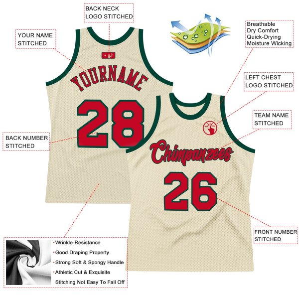 Men's Custom Cream Red-Hunter Green Authentic Throwback Basketball Jersey