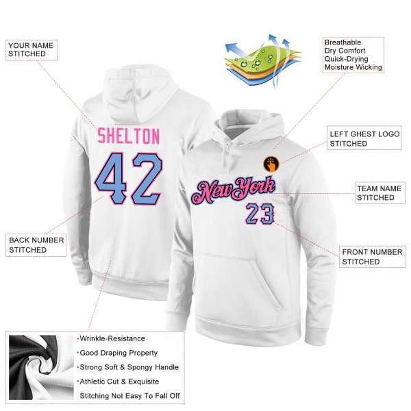 Men's Custom Stitched White Light Blue-Pink Sports Pullover Sweatshirt Hoodie