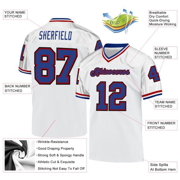 Men's Custom White Royal-Red Mesh Authentic Throwback Football Jersey