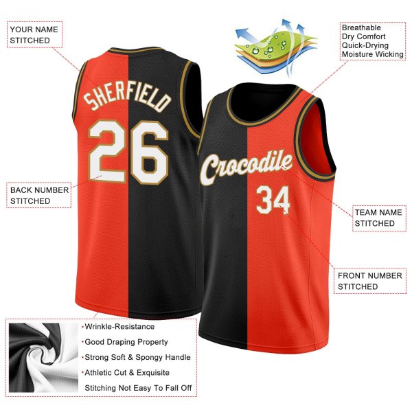 Men's Custom Orange White-Black Authentic Split Fashion Basketball Jersey