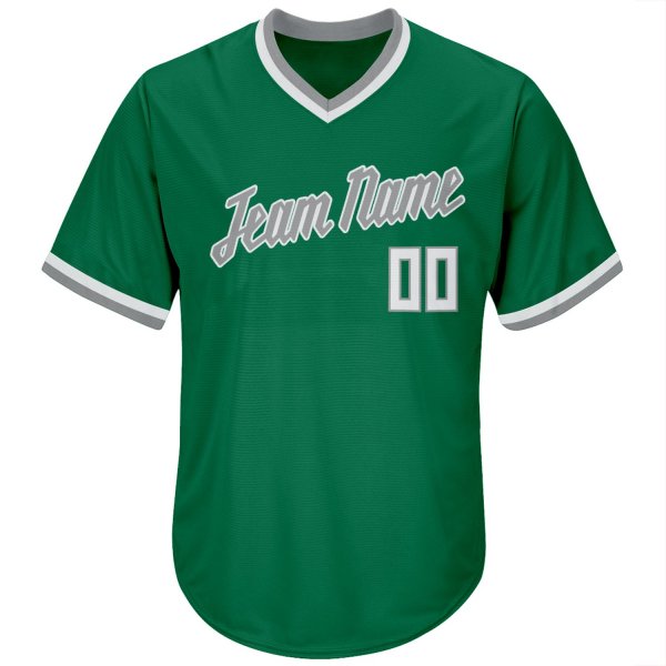 Men's Custom Kelly Green White-Gray Authentic Throwback Rib-Knit Baseball Jersey Shirt