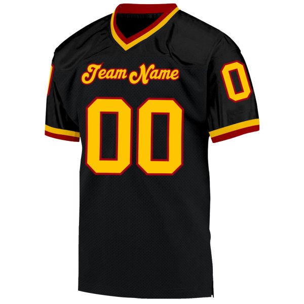 Men's Custom Black Gold-Red Mesh Authentic Throwback Football Jersey