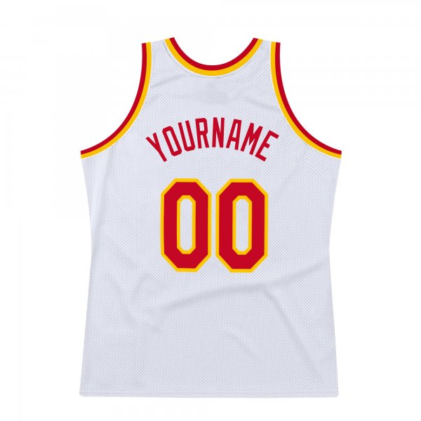 Men's Custom White Red-Gold Authentic Throwback Basketball Jersey