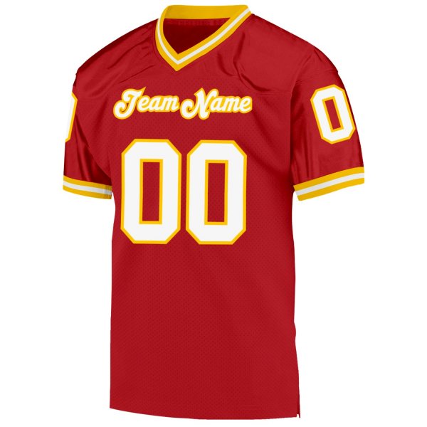 Men's Custom Red White-Gold Mesh Authentic Throwback Football Jersey