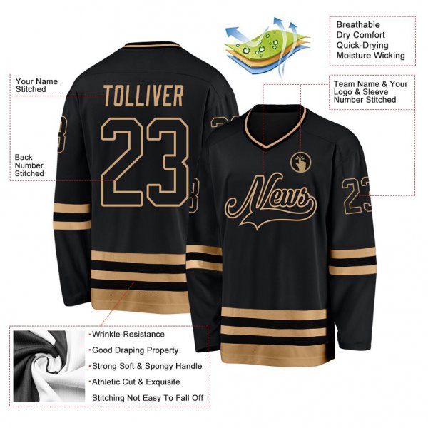 Men's Custom Black Black-Old Gold Hockey Jersey