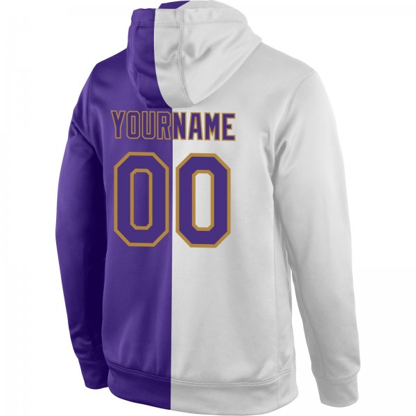 Men's Custom Stitched White Purple-Old Gold Split Fashion Sports Pullover Sweatshirt Hoodie