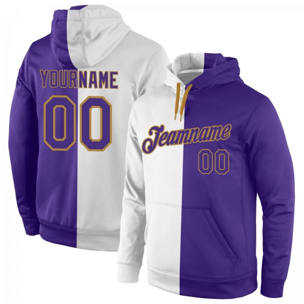 Men's Custom Stitched White Purple-Old Gold Split Fashion Sports Pullover Sweatshirt Hoodie