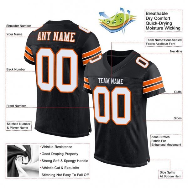 Men's Custom Black White-Orange Mesh Authentic Football Jersey