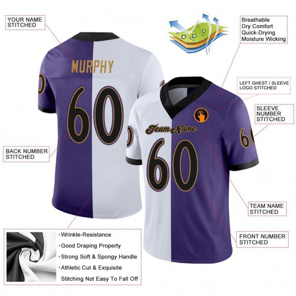 Men's Custom Purple Black-White Mesh Split Fashion Football Jersey