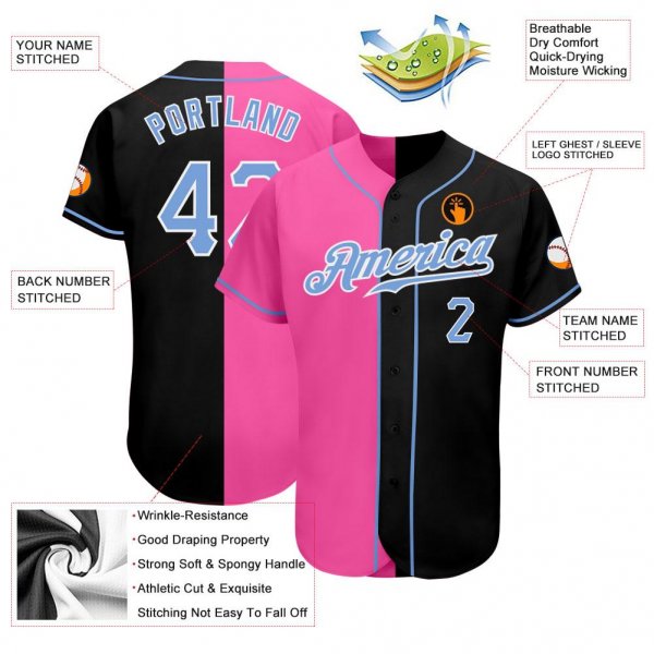 Men's Custom Black Light Blue-Pink Authentic Split Fashion Baseball Jersey