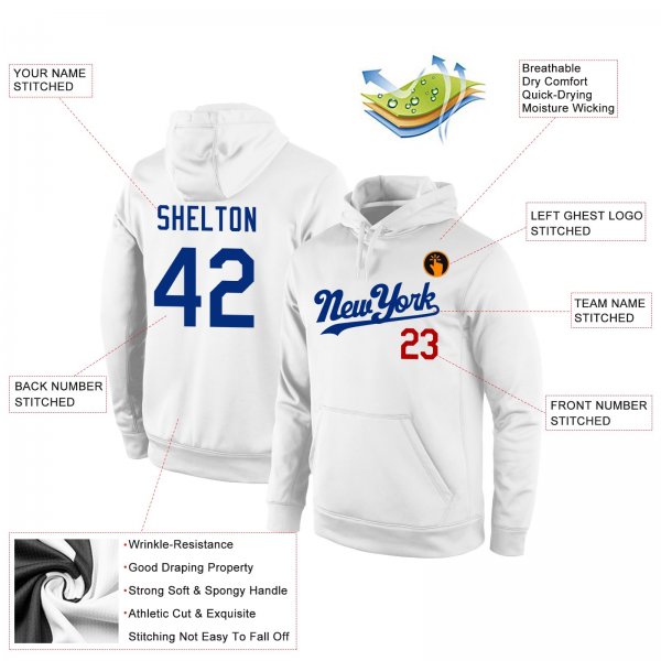 Men's Custom Stitched White Royal-Red Sports Pullover Sweatshirt Hoodie