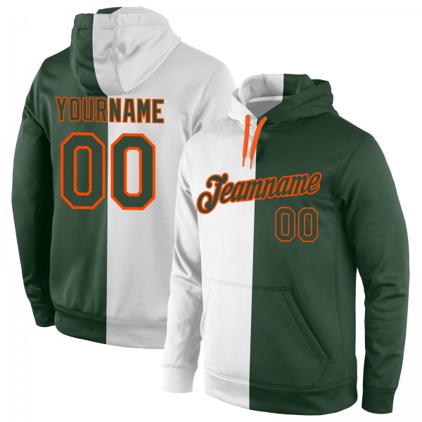 Men's Custom Stitched White Green-Orange Split Fashion Sports Pullover Sweatshirt Hoodie