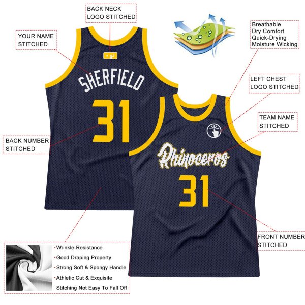 Men's Custom Navy Gold-White Authentic Throwback Basketball Jersey