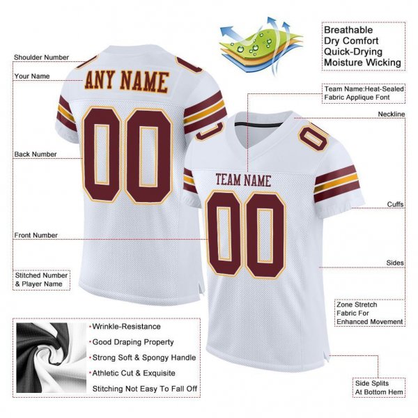 Men's Custom White Burgundy-Gold Mesh Authentic Football Jersey