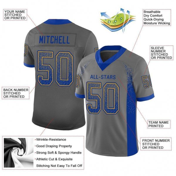 Men's Custom Gray Royal-Gold Mesh Drift Fashion Football Jersey