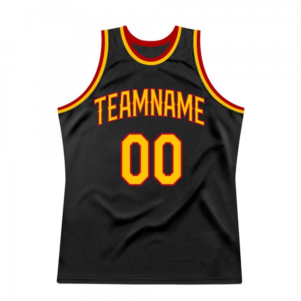 Men's Custom Black Gold-Red Authentic Throwback Basketball Jersey