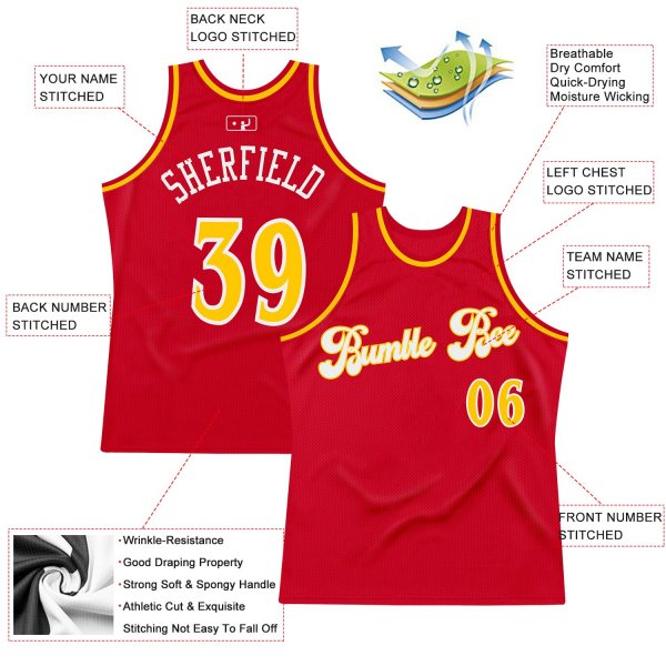 Men's Custom Red Gold-White Authentic Throwback Basketball Jersey